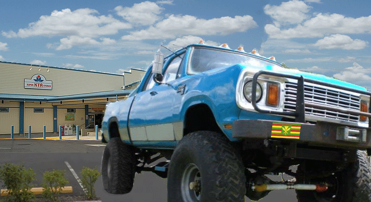 Hilo KTA and blue monster pickup truck